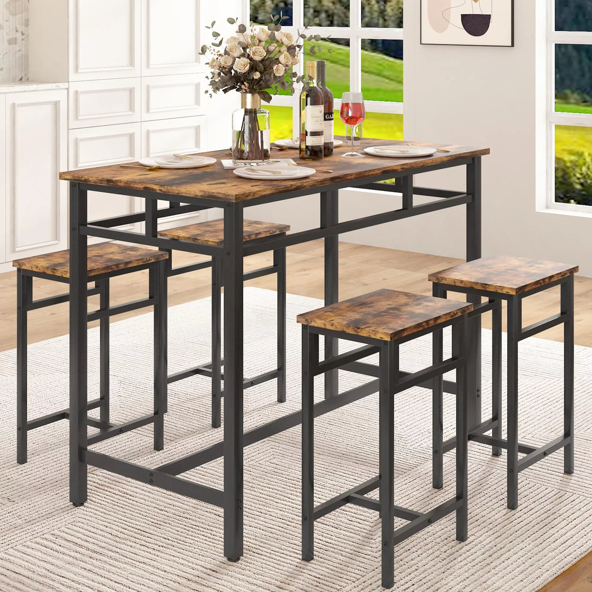 5 Piece Wooden Metal Dining Table and Stools Set G53674