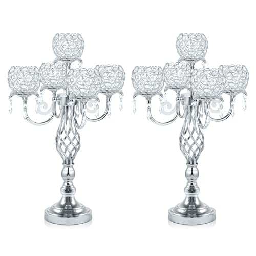 5-Arm Crystal Candelabra Candle Holder Stand with Crystal Bowl R17474