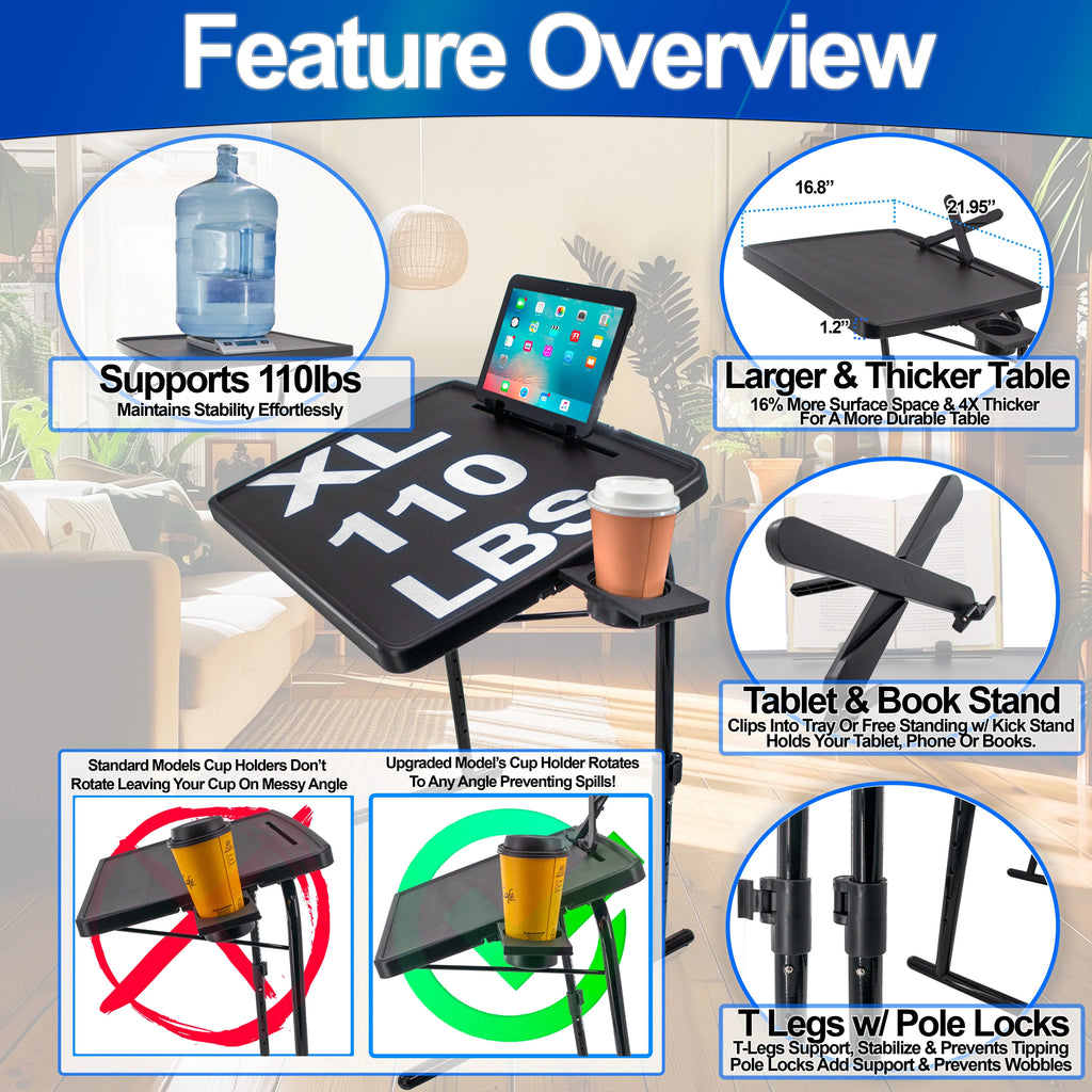 XL Folding TV Tray Table with Rotating Cup Holder, Black V81596