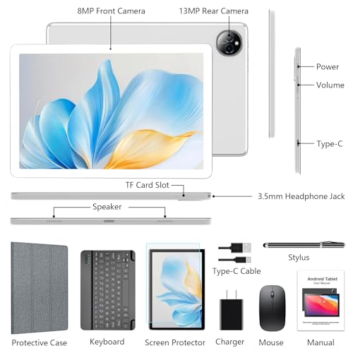 Android 14 Tablet 10 Inch, 4G Cellular, Octa-Core, 128GB Storage + 14(8+6)GB RAM, 1TB Expandable, 5G WiFi, 8000mAh Battery, Bluetooth 5.0, 13MP+8MP Camera, with Keyboard/Case, Silver J80503