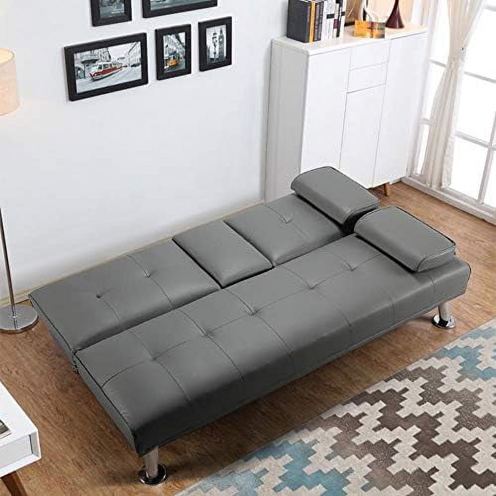 Gray Faux Leather Sofa Bed Futon with Armrest O963