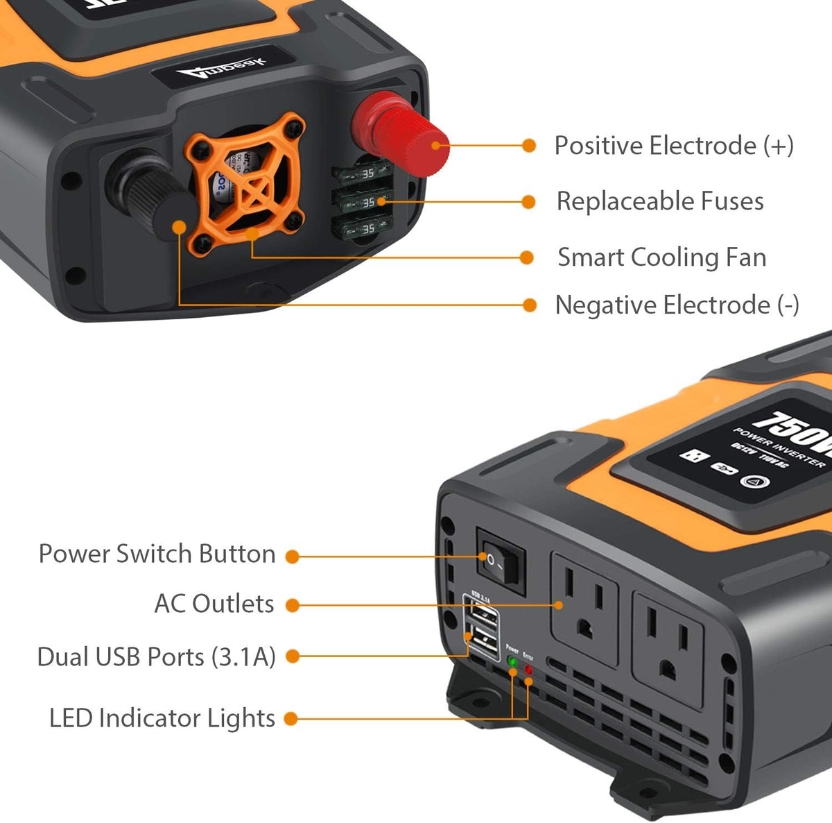 750W Power Inverter 12V DC to 110V AC Converter with Dual USB Dual AC Outlets R3825