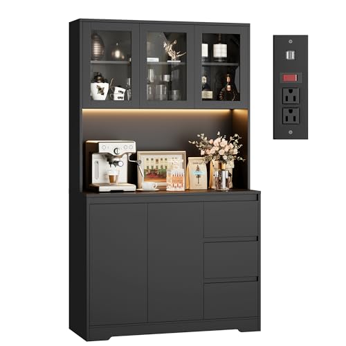 Black 71" Kitchen Pantry Cabinet with LED Lights and Charging Station L1505