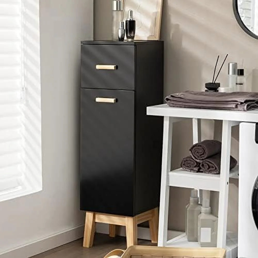 Narrow Black Bathroom Cabinet with Adjustable Shelves and Drawer Q2214