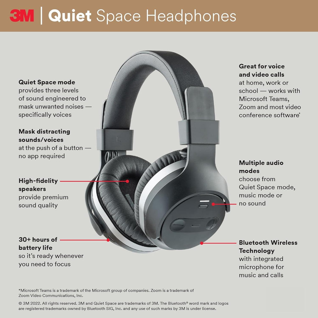 3M Quiet Space Headphones, Adjustable White Noise Technology, Great for Voice and Video Calls, Wireless, Bluetooth, 30 + Hours of Battery Life Y695