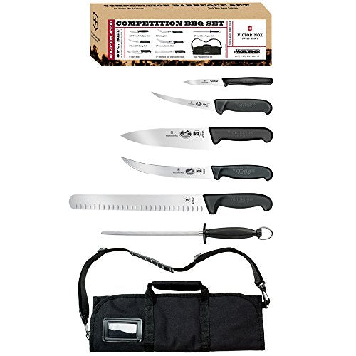 7-Piece BBQ Set with Red Fibrox Pro Handles and Knife Roll A137