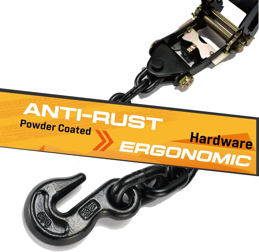 4 Pack Ratchet Car Tie Down Strap with Chain Hooks 2" x 144' Heavy Duty 10,000lbs Min Break Strength Tire Straps C33441