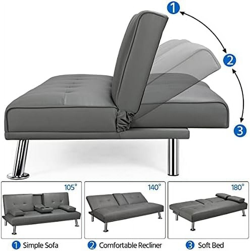 Gray Faux Leather Sofa Bed Futon with Armrest O963
