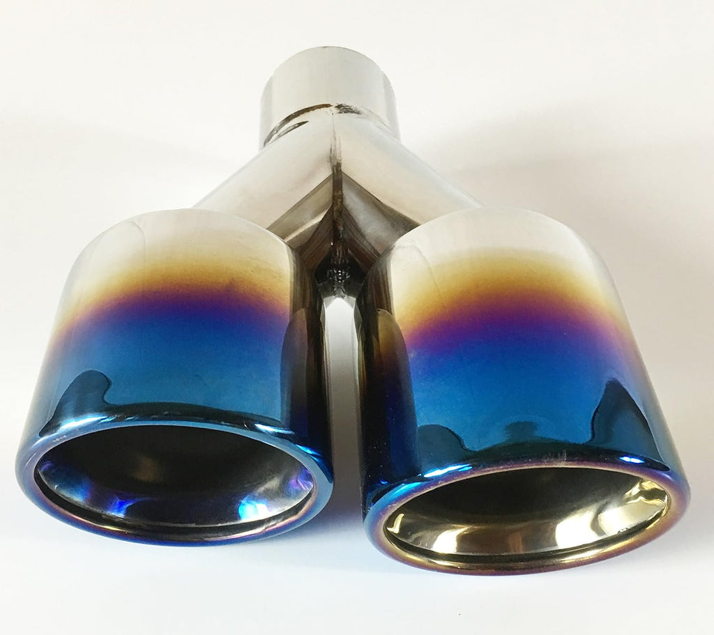 2.25" Inlet 3.00" X 2.5" Outlet 9.50" long Dual Round Staggered Slant Stainless Steel Blue Flame Exhaust Tip Q214437