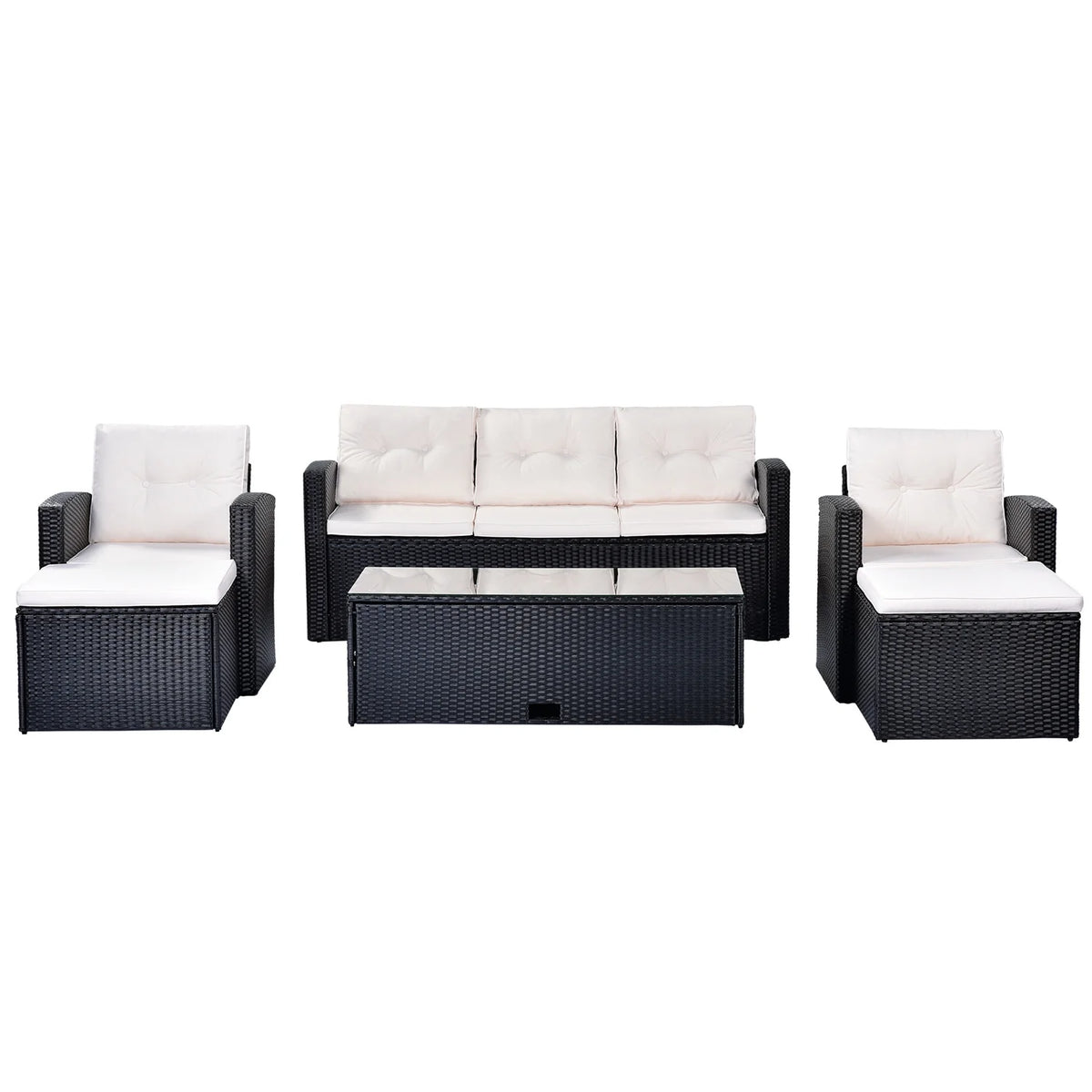 6pcs Outdoor Patio Furniture Set with Coffee Table, Wicker Sofas, Ottomans, Removable Cushions (Beige) V996831
