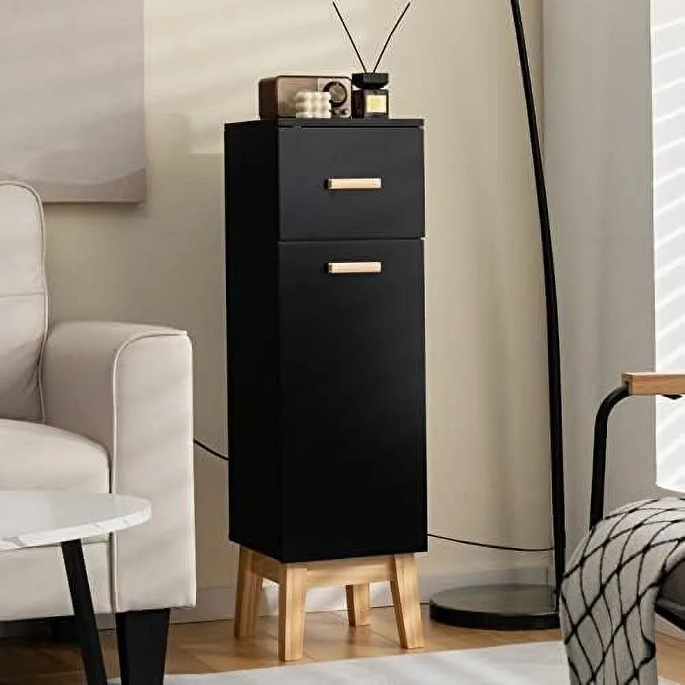 Narrow Black Bathroom Cabinet with Adjustable Shelves and Drawer Q2214