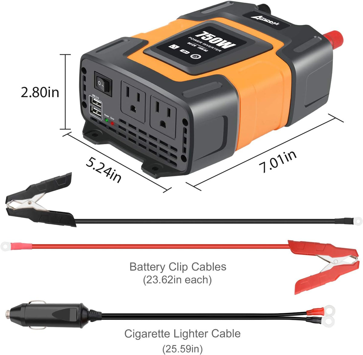 750W Power Inverter 12V DC to 110V AC Converter with Dual USB Dual AC Outlets R3825