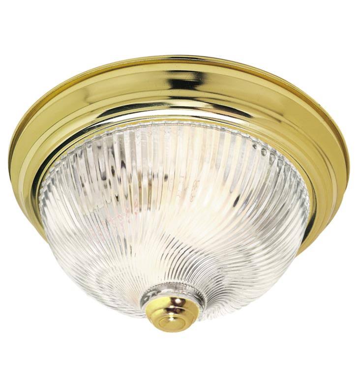 3 Light Polished Brass Flush Mount Ceiling Light with Clear Ribbed Swirled Glass H21633