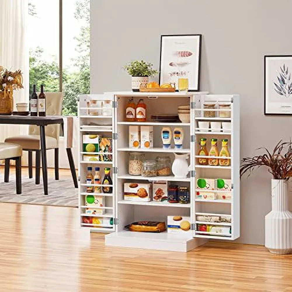 White Wood Pantry Cabinet with Doors and Adjustable Shelves J520166