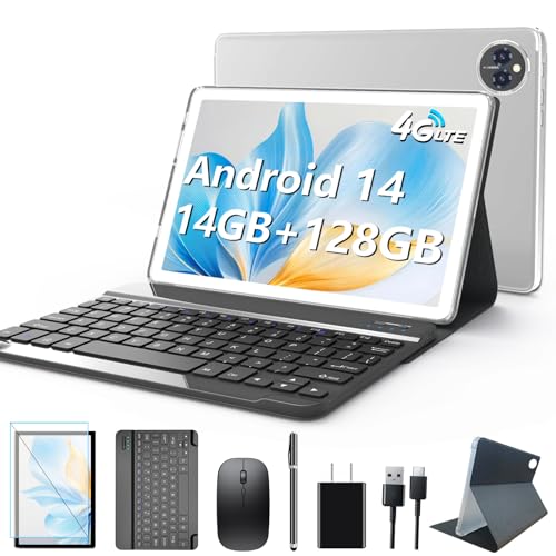 Android 14 Tablet 10 Inch, 4G Cellular, Octa-Core, 128GB Storage + 14(8+6)GB RAM, 1TB Expandable, 5G WiFi, 8000mAh Battery, Bluetooth 5.0, 13MP+8MP Camera, with Keyboard/Case, Silver J80503