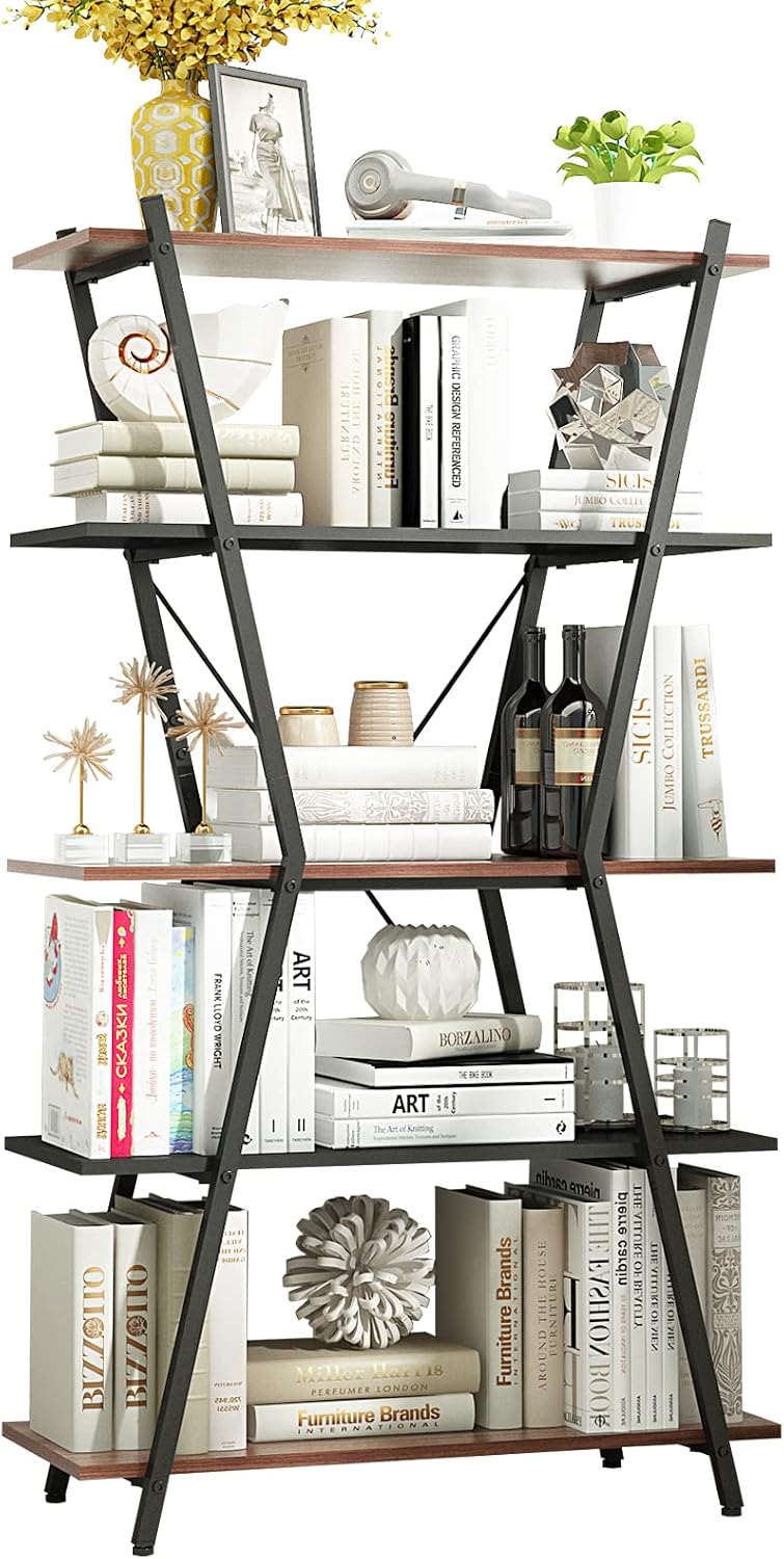 5 Tier White Wood and Metal Bookshelf I567802