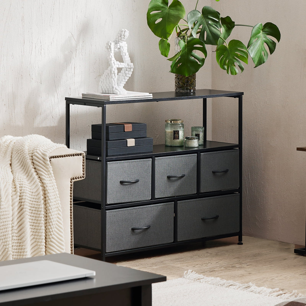 Gray 5 Drawer Fabric Dresser with Wood Shelves X38462