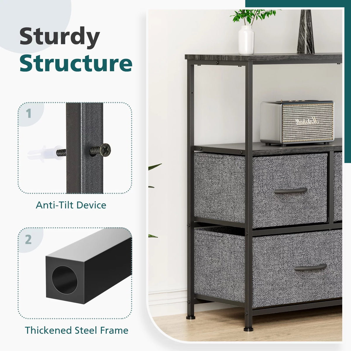 Gray 5 Drawer Fabric Dresser with Wood Shelves X38462