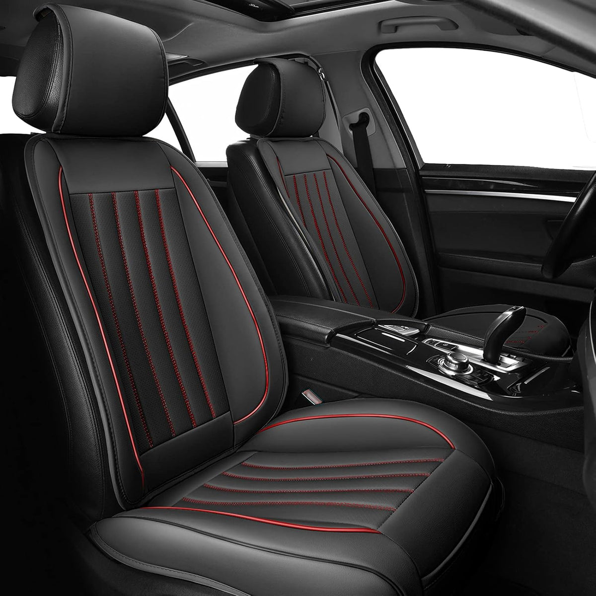 2pc Black-Red Line Leather Car Seat Covers W97563