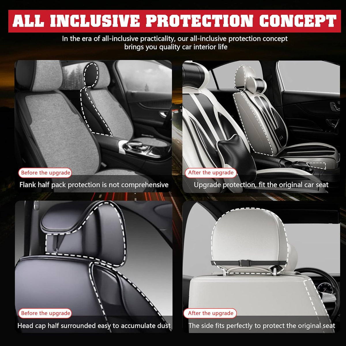 5PCS H7 Front and Back Car Seat Covers Water Proof Nappa Leather Universal Full Set Black&Grey L512