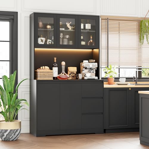 Black 71" Kitchen Pantry Cabinet with LED Lights and Charging Station L1505