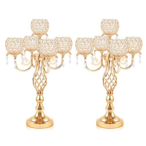 5-Arm Crystal Candelabra Candle Holder Stand with Crystal Bowl R17474