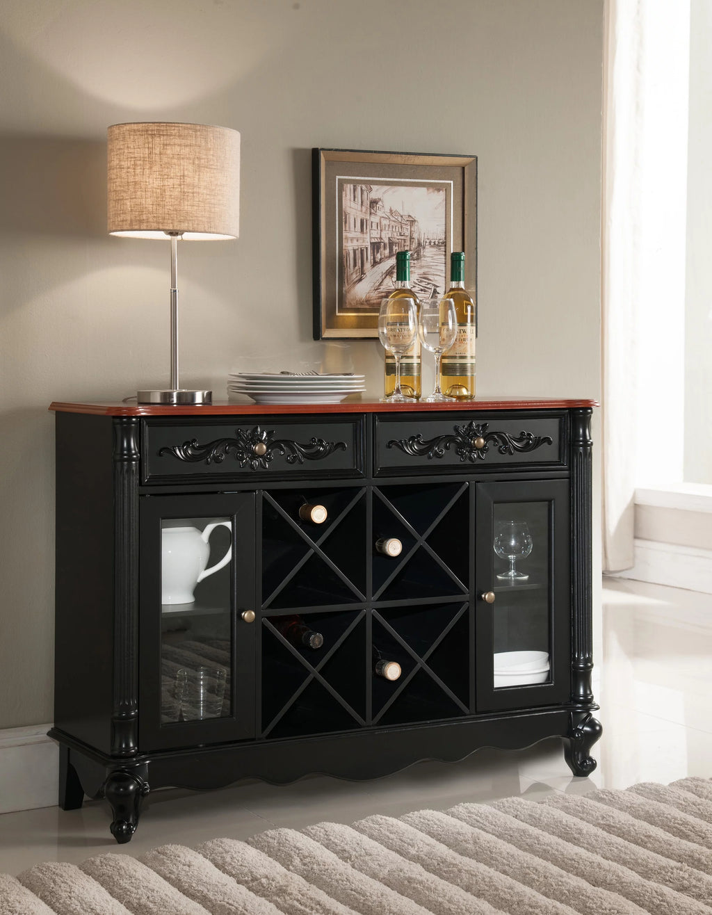 Black Walnut Buffet Server Wine Cabinet Console Table L489797