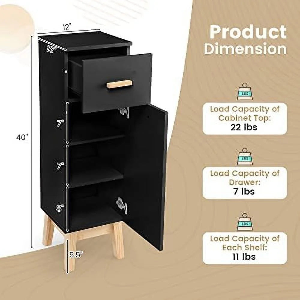 Narrow Black Bathroom Cabinet with Adjustable Shelves and Drawer Q2214