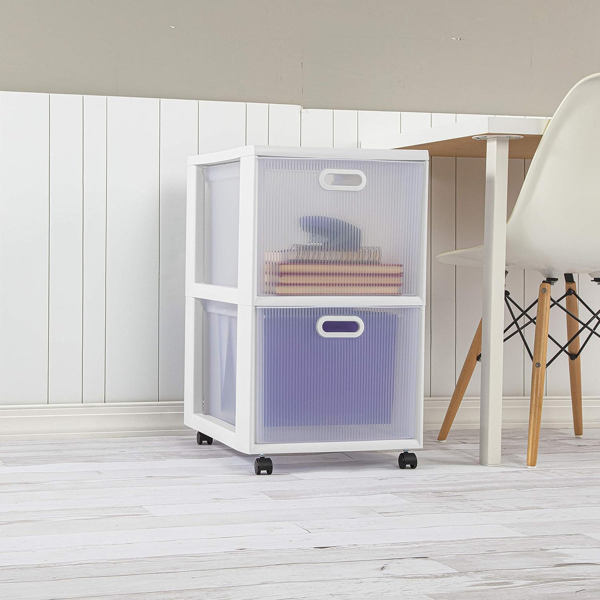 White 2 Drawer Cart with Clear Drawers and Black Casters, 2-Pack C897992