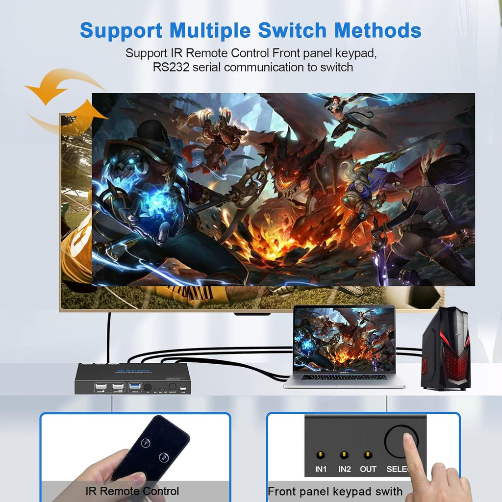 USB 3.0 KVM Switch HDMI 2-Port 4K60 HDR with Stereo Audio Extractor and IR Remote G748