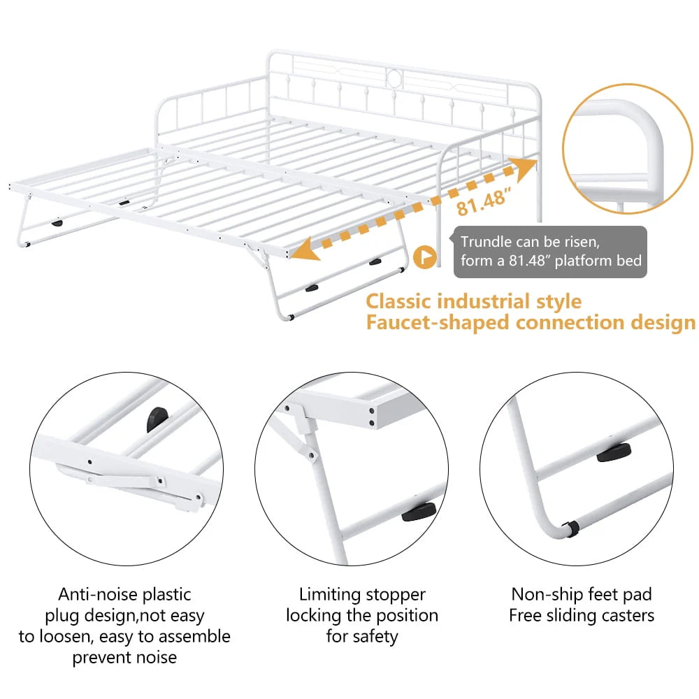 White Twin Size Metal Daybed with Trundle W35705