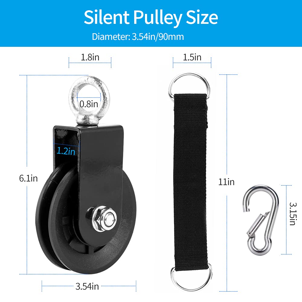 3.54in/90mm Gym Cable Pulley Wheel with Hanging Straps and Carabiner, 360 Degree Rotating Silent Pulley, Pack of 2 W337993
