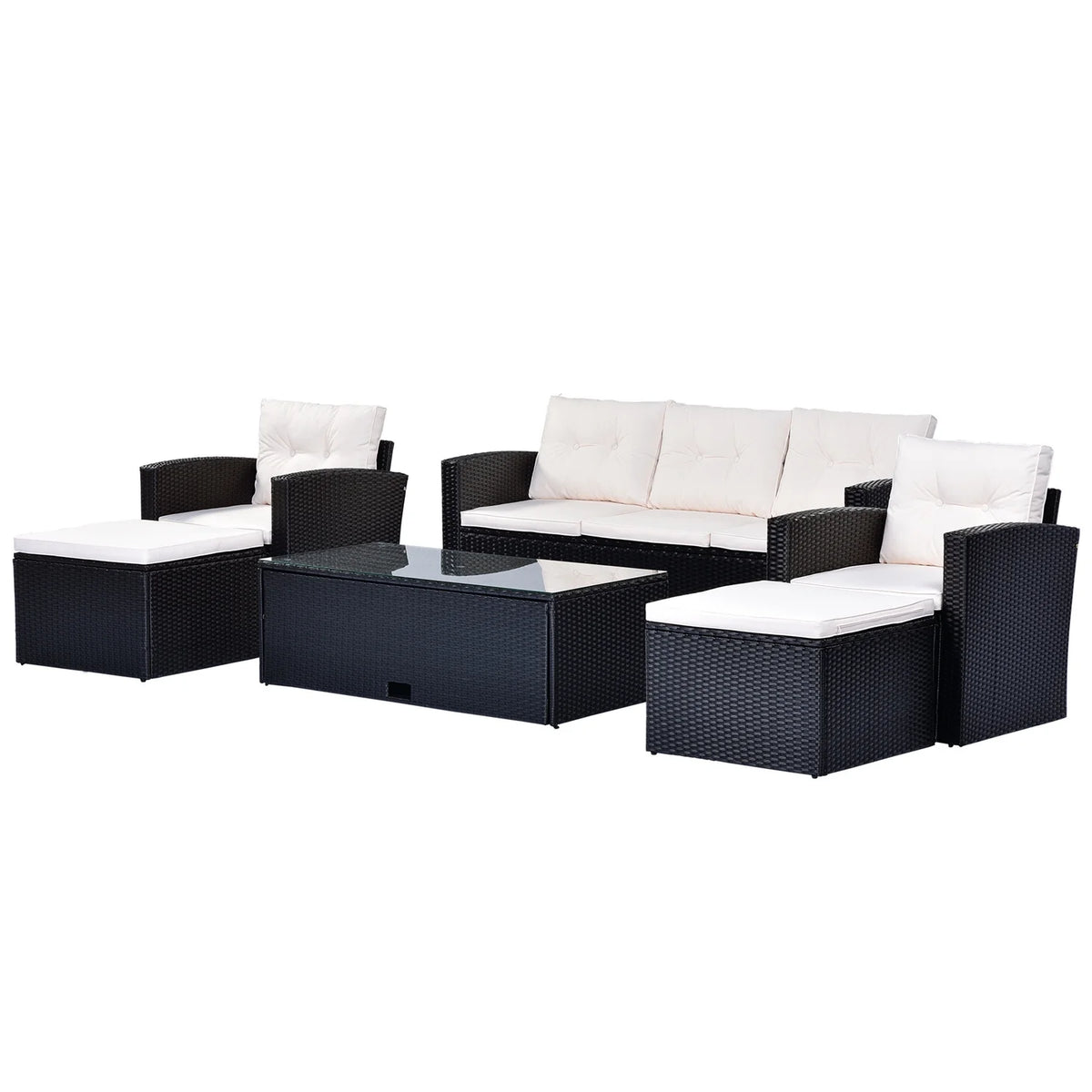 6pcs Outdoor Patio Furniture Set with Coffee Table, Wicker Sofas, Ottomans, Removable Cushions (Beige) V996831