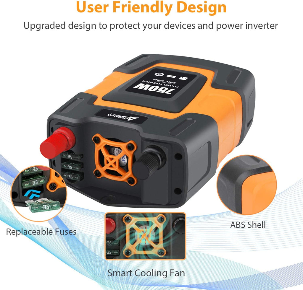 750W Power Inverter 12V DC to 110V AC Converter with Dual USB Dual AC Outlets R3825