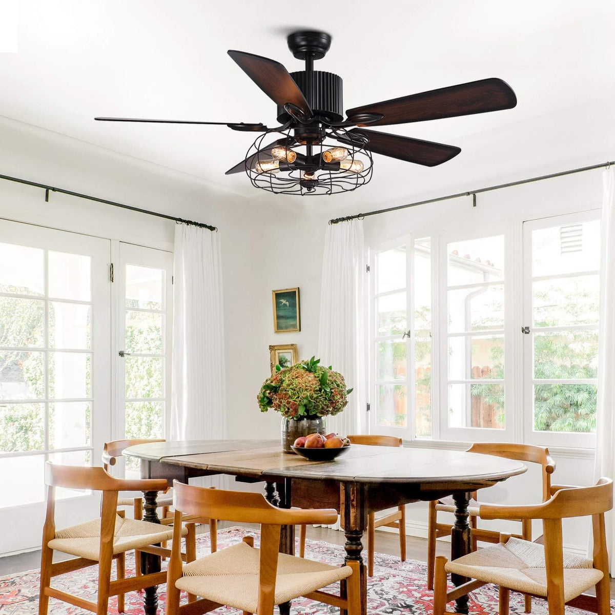 48 Retro Industrial Cage Ceiling Fan with Lights and Remote N7292