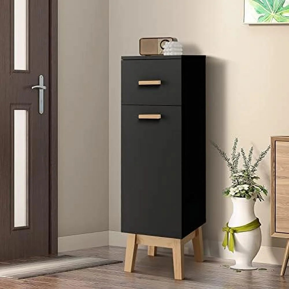 Narrow Black Bathroom Cabinet with Adjustable Shelves and Drawer Q2214