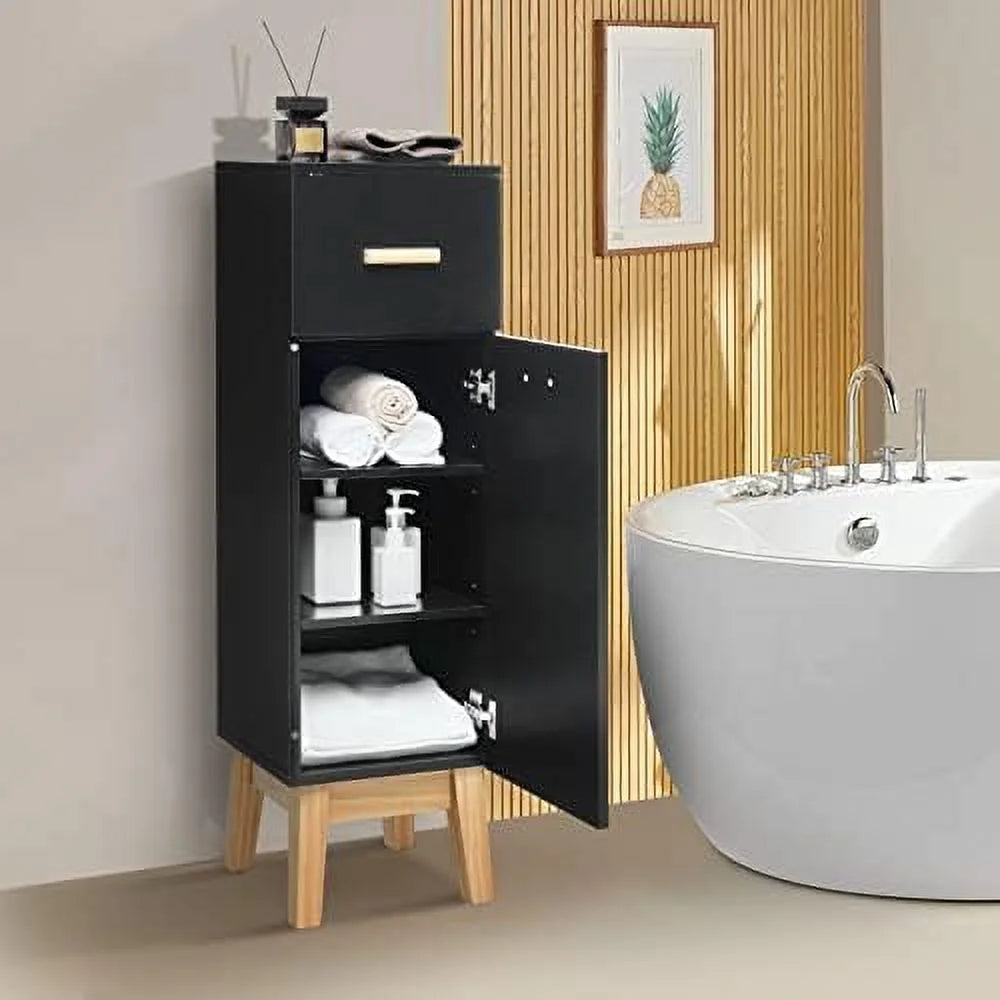 Narrow Black Bathroom Cabinet with Adjustable Shelves and Drawer Q2214