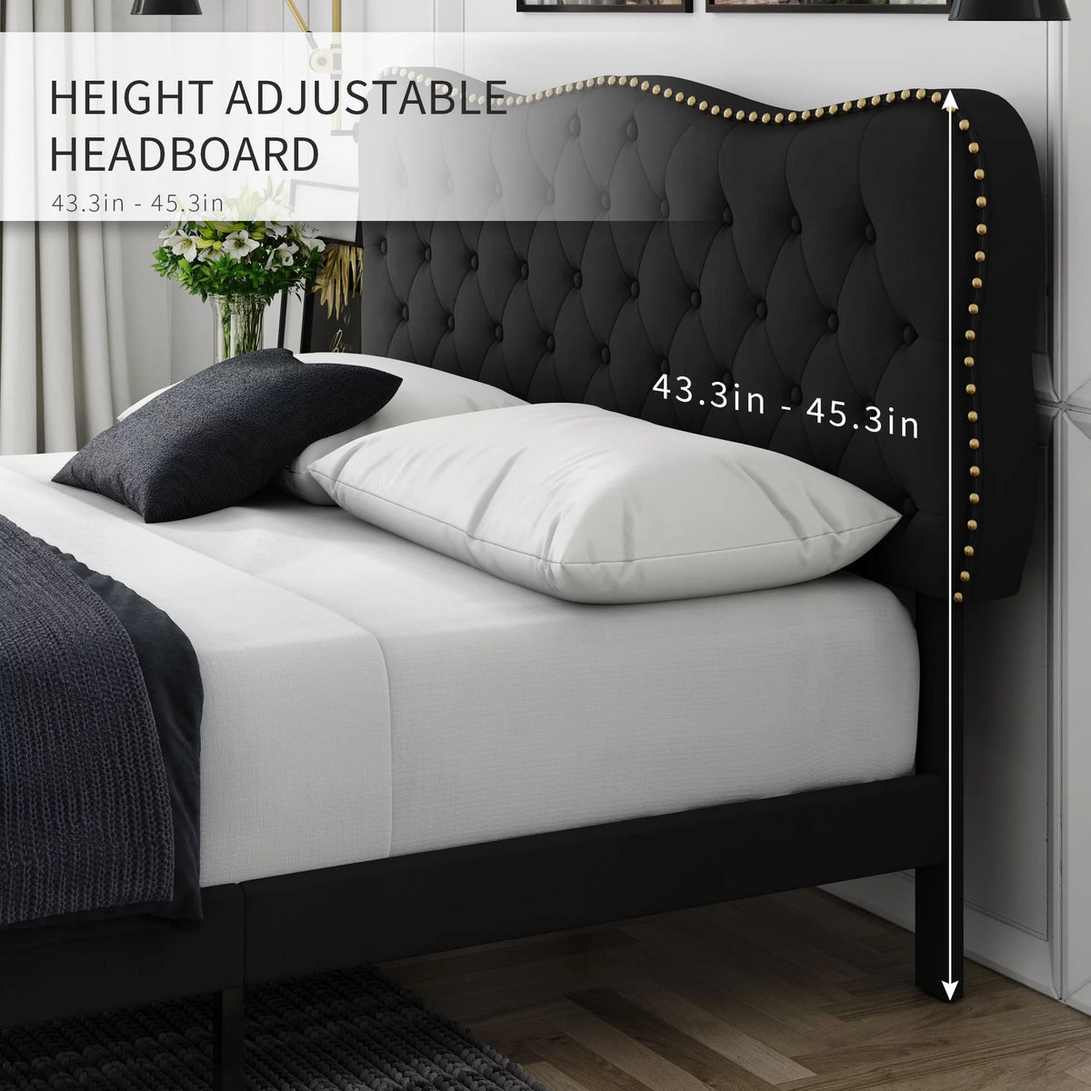 Queen Size Black Linen Upholstered Platform Bed with Adjustable Headboard C114478