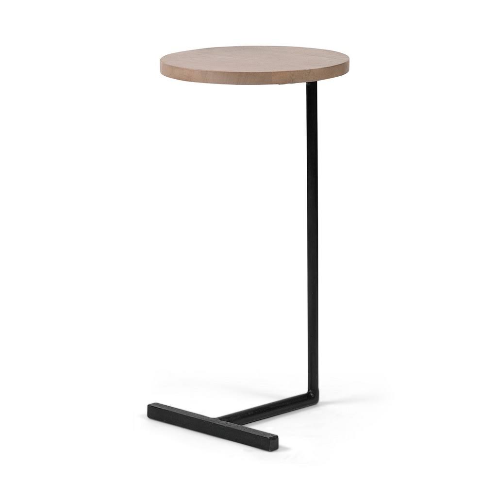 15 x 27 Round Top Brown Wood and Black Iron Base Accent Table B5315