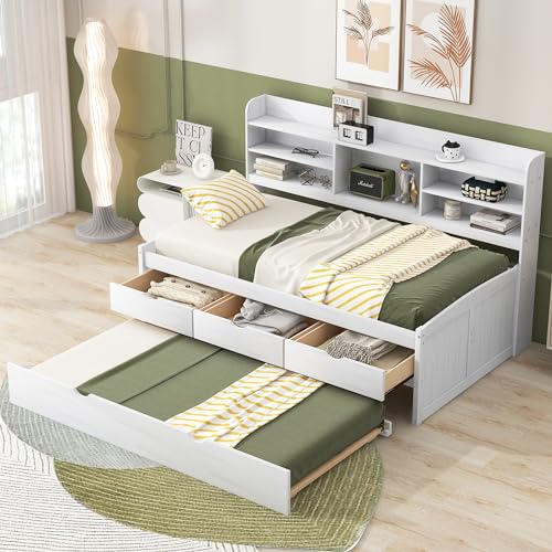 White Wash Wooden Twin Size Captain Bed with Built-in Bookshelves and 3 Storage Drawers and Trundle L19236
