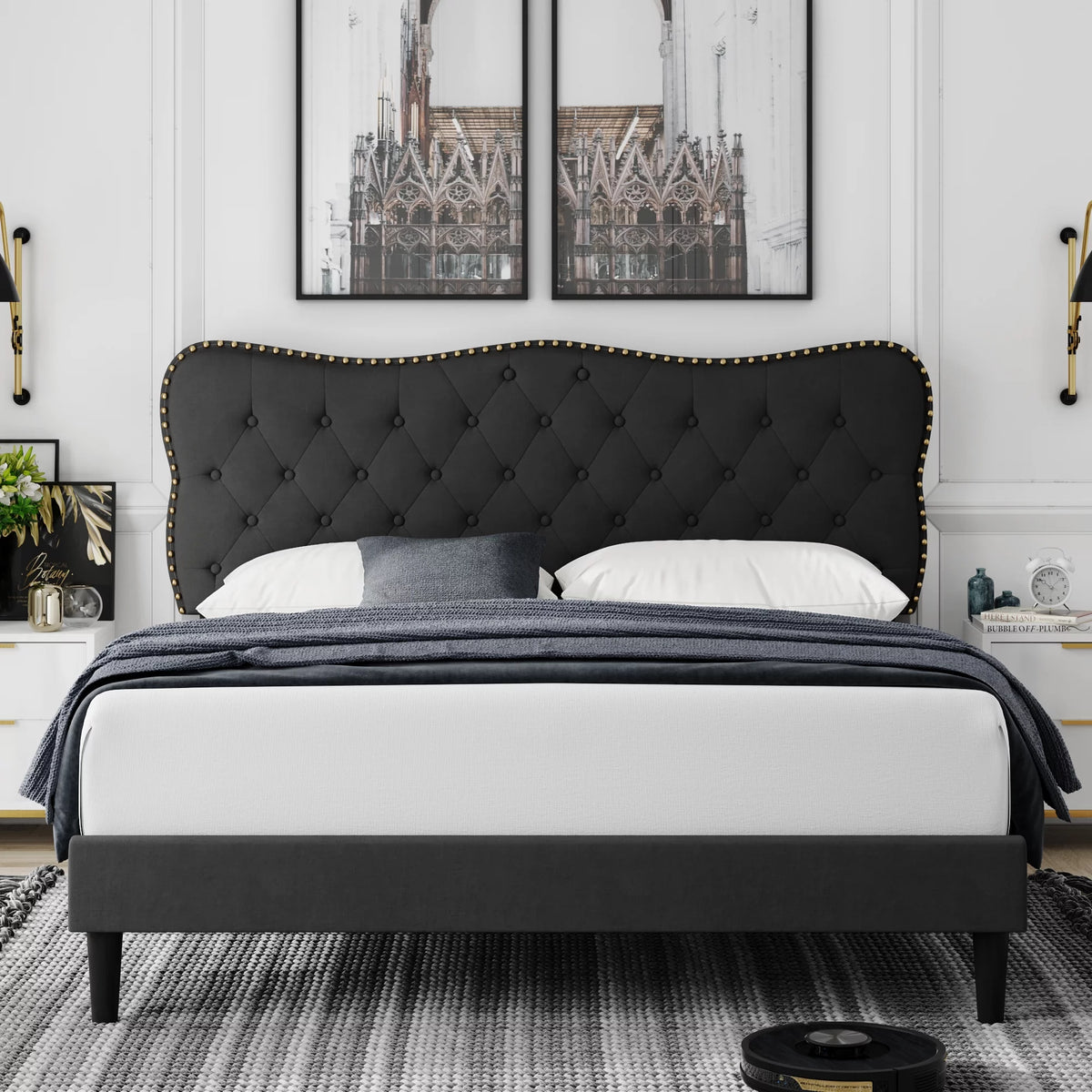 Queen Size Black Linen Upholstered Platform Bed with Adjustable Headboard C114478