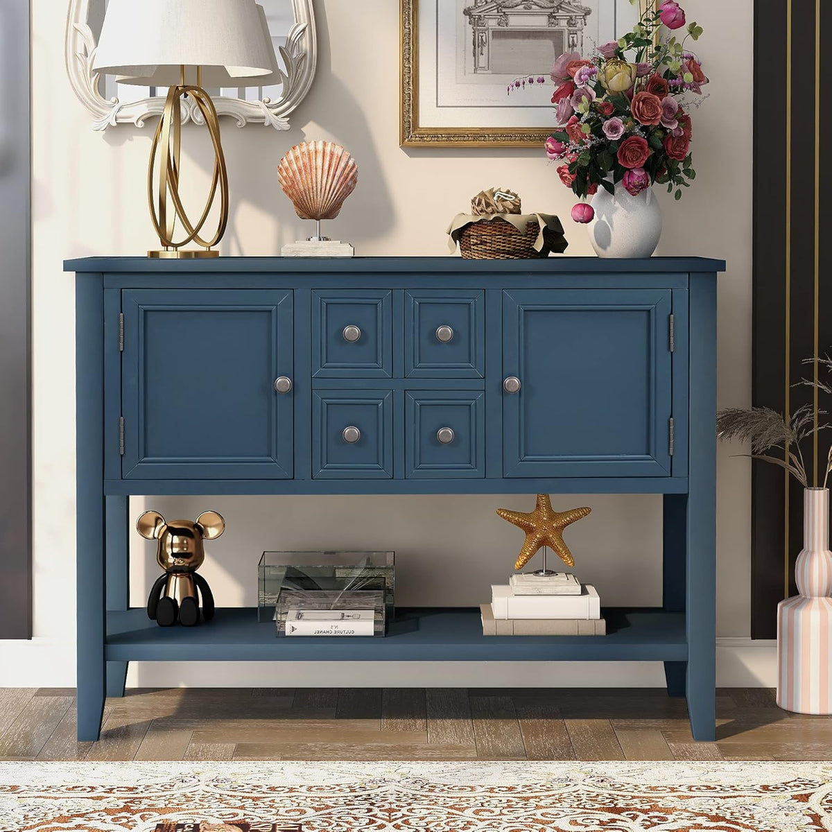 Solid Wood Console Table with 3 Drawers, 2 Cabinet and 1 Shelf C8919