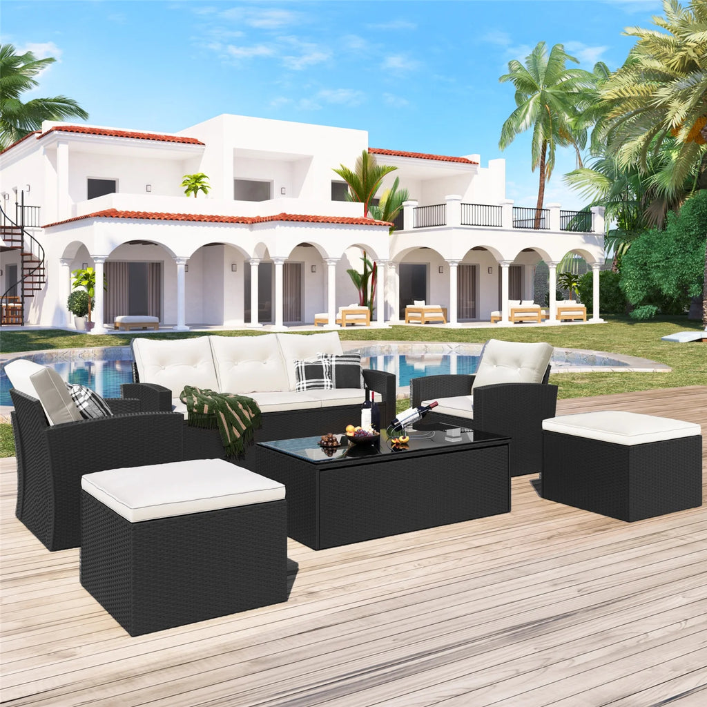 6pcs Outdoor Patio Furniture Set with Coffee Table, Wicker Sofas, Ottomans, Removable Cushions (Beige) V996831