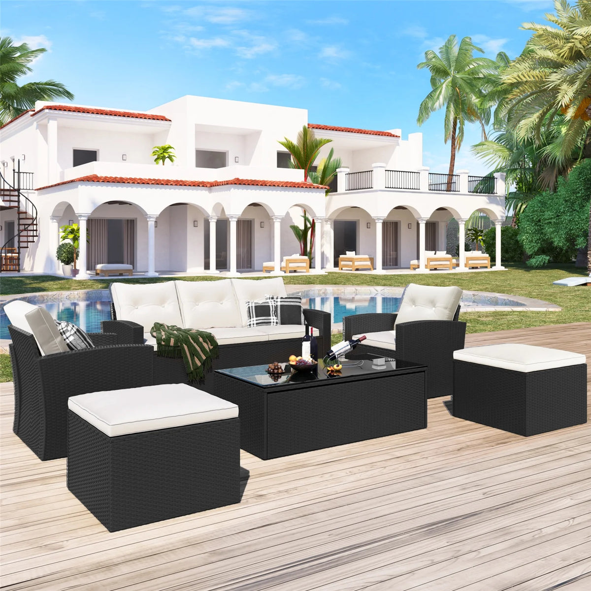 6pcs Outdoor Patio Furniture Set with Coffee Table, Wicker Sofas, Ottomans, Removable Cushions (Beige) V996831
