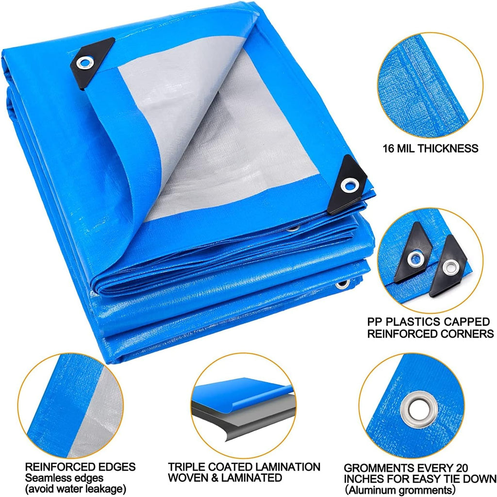 Blue Heavy Duty Waterproof 16 Mil Thick Tarpaulin with Metal Grommets 20x30 E81477