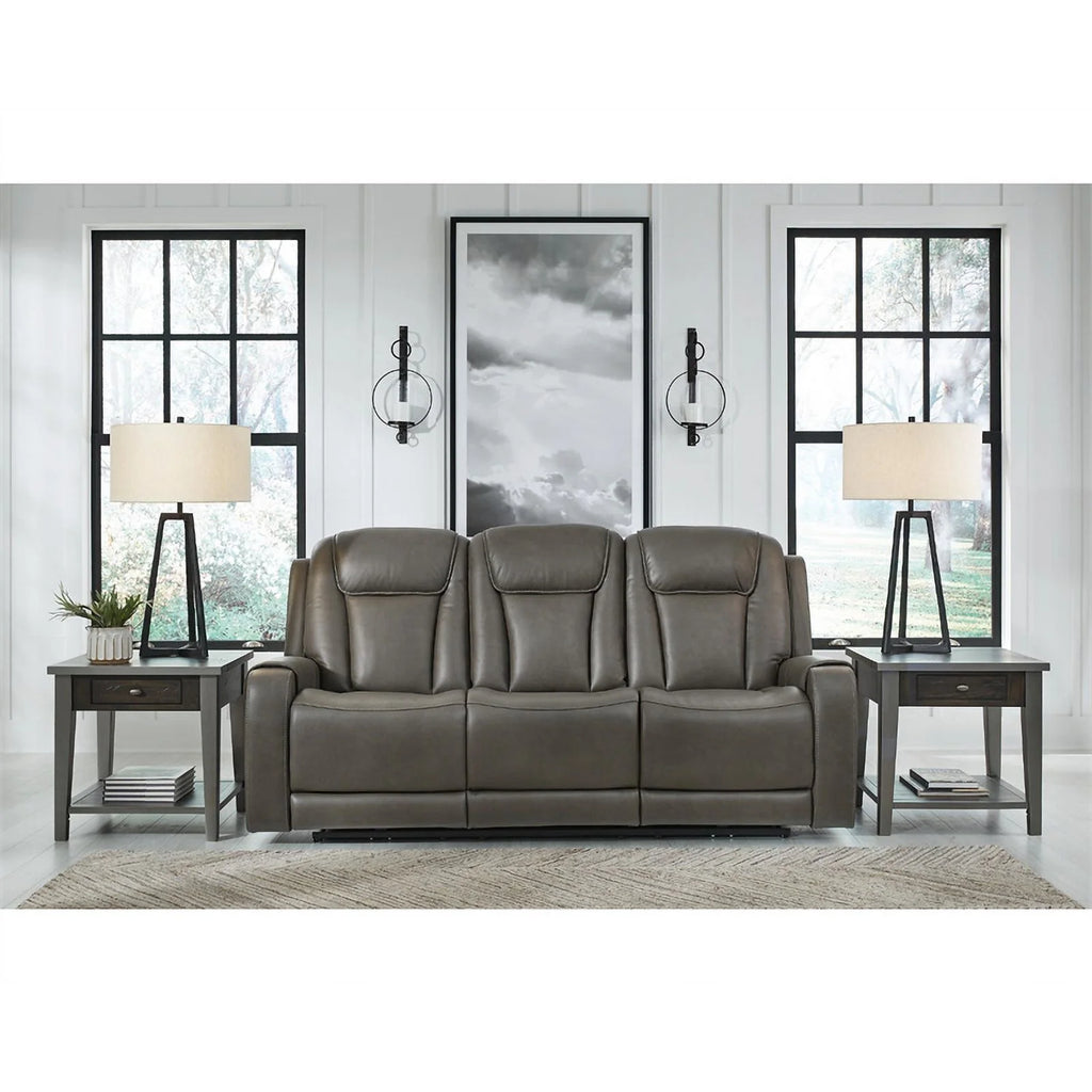 Gray Faux Leather Fabric Power Reclining Sofa A222915
