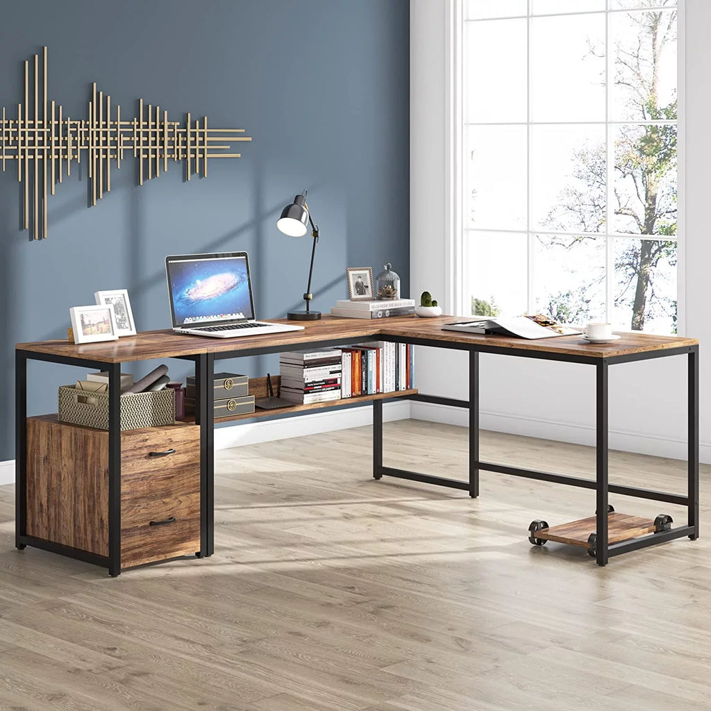 70 Inch L-Shaped Desk with Bookcase Cabinet and Drawers Z72477