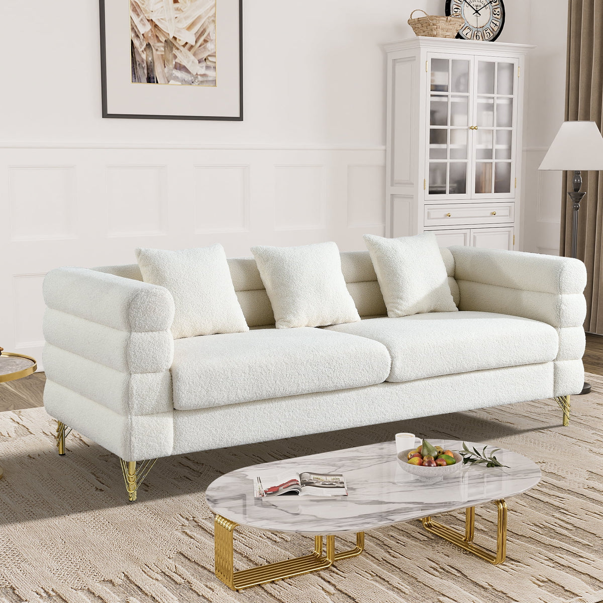 Teddy Fabric Bouclé 3-Seater Sofa with Golden Metal Legs X5073