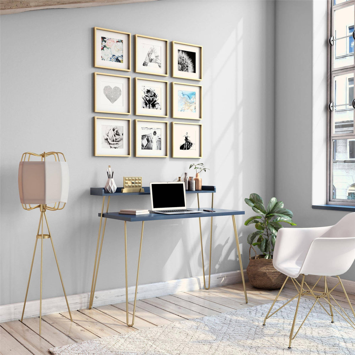 Navy Retro Desk with Riser and Gold Legs H501537