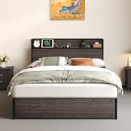 Full Size Wooden Platform Bed Frame with Storage Headboard O74563